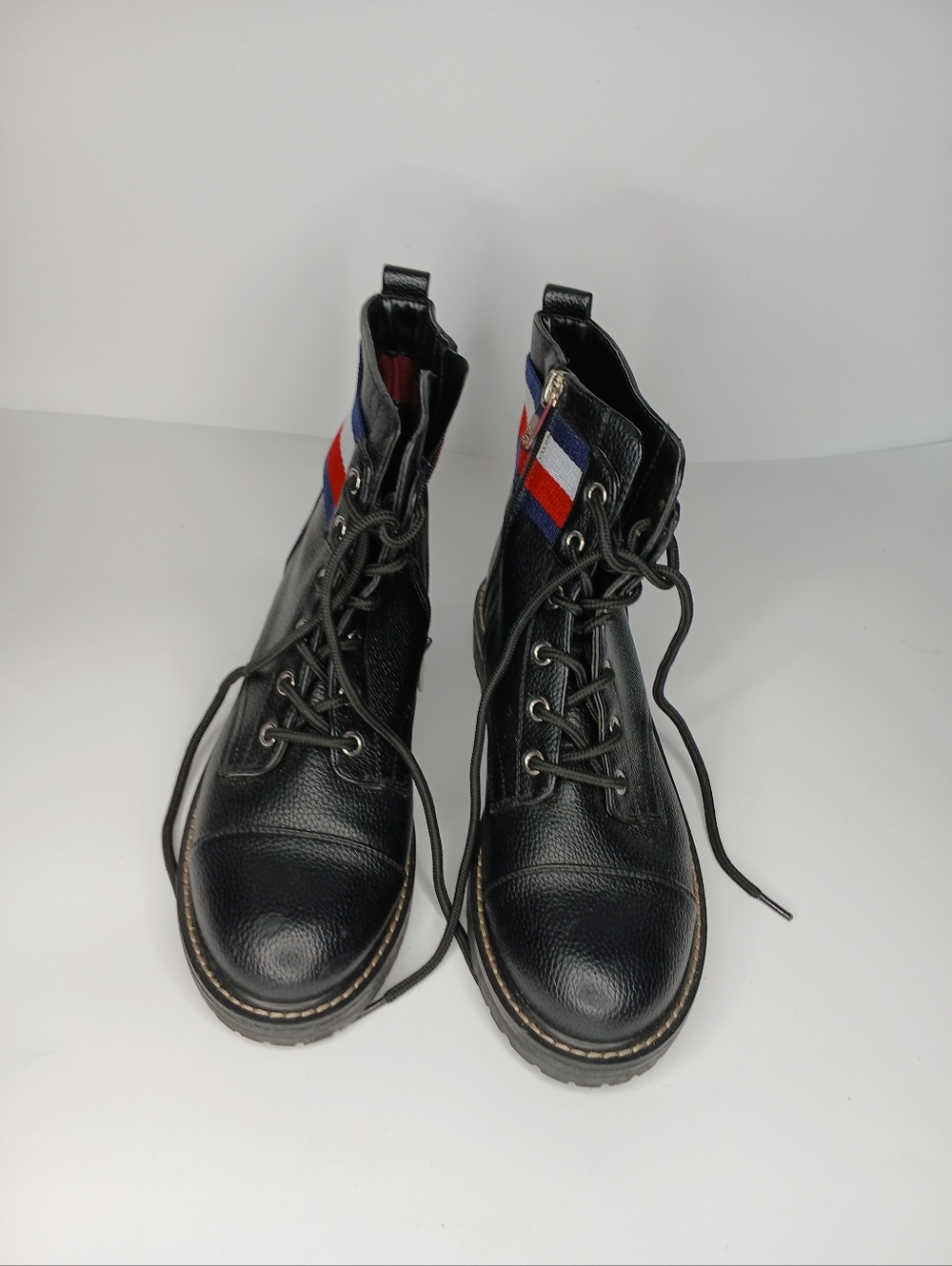 Tommy Hilfiger Black Leather Ankle Boots Size 10 | Chunky Sole Lace-Up | Casual